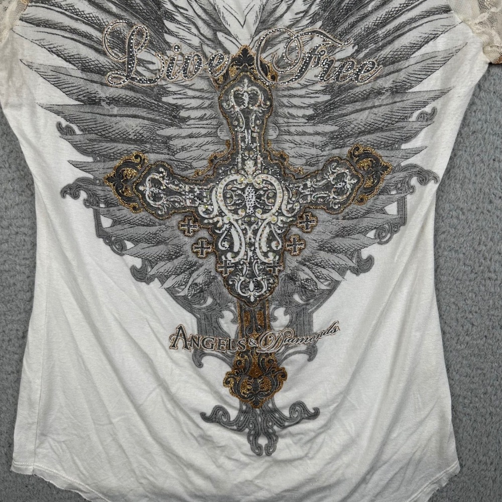 Y2K Angels & Diamonds Trust Top Sequin Lace Sleeve Rhinestone Cross Wings USA L - Picture 8 of 9